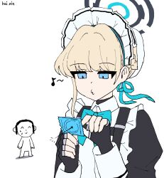  1boy absurdres apron black_dress black_gloves blue_archive blue_eyes blue_halo braid bun_cover condom condom_wrapper doodle_sensei_(blue_archive) dress female fingerless_gloves gloves hair_bun half_up_braid halo highres holding holding_condom holding_needle juliet_sleeves kai_xin long_sleeves maid maid_headdress musical_note needle puffy_sleeves sabotaged_condom sensei_(blue_archive) toki_(blue_archive) whistling white_apron 