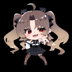  ahoge alternate_hair_color black_background black_bow black_bowtie black_shoes black_skirt blush bow bowtie chibi clothing_cutout earrings female gradient_hair grey_hair hairbow high-waist_skirt highres hinokami_hikone indie_virtual_youtuber jewelry long_sleeves multicolored_hair oerba_yun_fang open_mouth red_brooch red_eyes second-party_source shirt shoes shoulder_cutout skirt smile solo sui_hi_sf thighhighs v virtual_youtuber white_shirt 