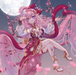  artist_name bell breasts cherry_blossoms commentary crossed_bangs diamond-shaped_pupils diamond_(shape) dress elf elysia_(herrscher_of_human:_ego)_(honkai_impact) elysia_(honkai_impact) elysia_(peachy_spring)_(honkai_impact) english_commentary female flower full_moon hair_bell hair_flower hair_ornament high_heels highres honkai_(series) honkai_impact_3rd large_breasts long_hair long_sleeves moon night night_sky official_alternate_costume pink_hair pointy_ears puffy_long_sleeves puffy_sleeves purple_eyes red_dress sky smile solo staff_riding strawberry_foam symbol-shaped_pupils very_long_hair 