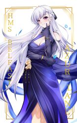  absurdres azur_lane bare_shoulders belfast_(azur_lane) belfast_(the_noble_attendant)_(azur_lane) blue_butterfly braid breasts bug butterfly champagne_flute character_name cleavage cocktail_dress criss-cross_halter cup dress drinking_glass elbow_gloves evening_gown female gloves half_up_braid halter_dress halterneck highres large_breasts long_hair looking_at_viewer official_alternate_costume purple_eyes purple_gloves simple_background solo standing variant_set very_long_hair white_background white_hair zecond 