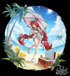  absurdres ahoge artist_name bandaid bare_legs beach beach_umbrella blue_sky bottle bow braid breasts can chinese_text cloud cloudy_sky cooler copyright_name day dress emo_qianzi english_text female full_body green_eyes hair_ornament hairbow highres holding kamanosuke_(zenless_zone_zero) large_breasts logo long_hair looking_at_viewer ocean official_alternate_costume outdoors palm_tree raccoon_tail red_hair sand sandals see-through_clothes sign sky smile solo standing standing_on_one_leg sun surfboard swim_ring swimsuit tail tree twin_braids twintails ukinami_yuzuha ukinami_yuzuha_(tanuki_in_broad_daylight) umbrella very_long_hair yellow_eyes zenless_zone_zero 