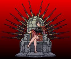  absurdres ai_arctic_warfare armor black_eyes black_gloves black_hair black_nails black_shirt bolt_action breasts brown_sandals character_request closed_mouth commentary commission copyright_request curtained_hair dagger english_commentary female full_body gloves gun gun_decal hair_bun hair_ornament hair_stick highres holding holding_dagger holding_knife holding_weapon hugo_(rushbordie) karambit knife looking_at_viewer medium_breasts pauldrons red_background red_shorts rifle sandals shirt short_hair shorts shoulder_armor single_hair_bun single_pauldron sitting smile sniper_rifle solo throne toenails weapon 