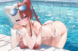  akipopopopoon ass azur_lane bikini black-framed_eyewear blush breasts chao_ho_(azur_lane) chao_ho_(azur_ripples_shimmering_sun)_(azur_lane) cleavage closed_mouth commentary_request cone_hair_bun elbow_rest eyewear_on_head female hair_between_eyes hair_bun hair_intakes highres large_breasts leaning_forward long_hair long_sleeves looking_at_viewer multicolored_hair official_alternate_costume poolside red_bikini red_hair see-through_clothes see-through_shirt shirt solo split-color_hair sunglasses swimsuit thighs tile_floor tiles twintails v-shaped_eyebrows water white_hair white_shirt 