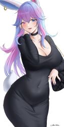  animal_ears bag black_bag black_choker black_dress blue_eyes blue_hair breasts choker cleavage collarbone cottontail_(vtuber) dress earrings female handbag heterochromia highres indie_virtual_youtuber jewelry large_breasts long_sleeves multicolored_hair open_mouth purple_eyes purple_hair purple_nails rabbit_ears rabbit_tail signature solo tail velvet_noir virtual_youtuber white_background 