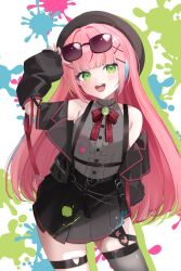  arm_up armpits bare_shoulders belt beret black_hat black_jacket black_skirt bow bowtie center_frills cowboy_shot detached_sleeves eyewear_on_head female frills green_eyes grey_shirt grey_thighhighs hanako_nana hashtag-only_commentary hat heart highres jacket long_hair long_sleeves looking_at_viewer multicolored_hair off_shoulder open_clothes open_jacket open_mouth paint_splatter pink_hair pleated_skirt shirt shirt_tucked_in single_thighhigh skirt sleeveless sleeveless_shirt smile solo stellive streaked_hair sunglasses suspenders thigh_strap thighhighs very_long_hair virtual_youtuber yorang 
