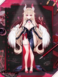 absurdres angel_wings bare_legs bare_shoulders black_dress black_gloves blonde_hair bow breasts brooch chano39 circlet cleavage clothing_cutout commentary_request covered_navel demon_horns dress elbow_gloves feathered_wings female full_body gloves haven_production heart heart_brooch highres horns jewelry korean_commentary large_breasts long_dress long_hair looking_at_viewer low_wings miel_sweetheart mole mole_on_breast official_art panty_straps plunging_neckline red_bow red_eyes red_shoes second-party_source shiny_clothes shoes side_cutout skindentation sleeveless sleeveless_dress solo standing thighlet thighs very_long_hair virtual_youtuber wings 