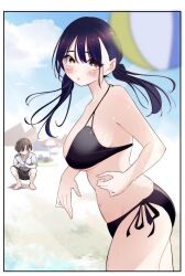  1boy ball beach beachball bikini black_bikini black_shorts blurry blurry_background blush boku_no_kokoro_no_yabai_yatsu breasts brown_eyes closed_mouth commentary_request cowboy_shot day female foreshortening full_body highres ichikawa_kyoutarou kiyo_ishida large_breasts long_hair looking_at_viewer mole mole_on_neck multiple_moles navel official_alternate_costume official_alternate_hairstyle outdoors sand shirt shorts side-tie_bikini_bottom sky squatting swimsuit t-shirt twintails wet white_shirt yamada_anna 