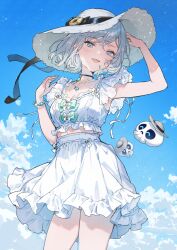  :d absurdres akershus_fortress_(oshiro_project) arm_up blue_eyes blue_sky blush breasts cleavage cloud collarbone commentary_request commission female floating_skull frilled_shirt frills grey_hair hat highres looking_at_viewer medium_breasts navel open_mouth oshiro_project:re outdoors second-party_source shirt short_hair skeb_commission skirt sky smile solo thighs white_hat white_shirt white_skirt yutsumoe 