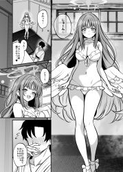  1boy absurdres bare_arms bare_legs bare_shoulders bikini blue_archive blush breasts cleavage closed_mouth comiket_106 feathered_wings female greyscale halo highres japanese_clothes kimono large_breasts long_hair mika_(blue_archive) mika_(swimsuit)_(blue_archive) monochrome navel no_eyes official_alternate_costume sandals sash short_hair smile stomach swimsuit wings yamamoto_(ymmt_is_sexy) 