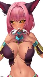  absurdres animal_ear_fluff animal_ears black_sclera blue_collar bracelet breasts chains collar colored_extremities colored_sclera detached_collar facial_mark female gold_bracelet gold_chain gold_trim hair_intakes heart heart_facial_mark heart_hands highres indie_virtual_youtuber jewelry linea_alba navel pink_brooch pink_hair shadow short_hair signature slit_pupils smile solo tan trickywi velvet_noir virtual_youtuber white_background yellow_eyes 