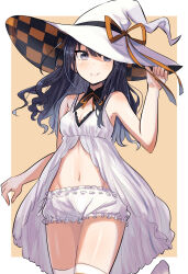  black_eyes black_hair blush breasts female gougoku hat highres idolmaster idolmaster_shiny_colors kazano_hiori long_hair looking_at_viewer navel simple_background small_breasts solo witch_hat 