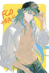  1boy anniversary blue_hair cu_chulainn_(caster)_(fate) cu_chulainn_(fate) cu_chulainn_(tropical_rune_summer)_(fate) earrings eyewear_on_headwear fate/grand_order fate_(series) hand_on_own_hat hat highres jacket jewelry long_hair looking_at_viewer luorakka male_focus male_swimwear navel open_clothes open_jacket pectorals red_eyes simple_background smile solo swim_trunks toned toned_male upper_body white_jacket yellow_background 