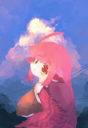  ahoge animal_ears bird_ears blush borrowed_character breasts brown_tank_top cloud coco_(eogks) feathered_wings feathers female harpy highres huge_ahoge large_breasts long_hair looking_at_viewer monster_girl original outdoors power_lines red_eyes red_feathers red_hair red_wings sidelocks solo stuffing_scone tank_top underboob very_long_hair winged_arms wings 