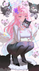  absurdres alternate_costume black_pantyhose blue_archive blush breasts character_doll closed_mouth commentary crescent doll feathered_wings female hair_bun halo heart high_heels highres holding holding_phone kuromi large_breasts long_hair low_wings mika_(blue_archive) multicolored_eyes onegai_my_melody pantyhose phone photo-referenced pink_hair pink_halo sanrio single_hair_bun single_side_bun sleeves_past_wrists smile squatting sweater symbol-only_commentary turtleneck turtleneck_sweater white_sweater white_wings wing_ornament wings wonbin_lee 