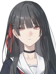  black_choker black_hair black_shirt chisa_(wuthering_waves) choker closed_mouth collarbone commentary female hair_ribbon highres long_hair looking_at_viewer negse_38u portrait red_eyes red_ribbon ribbon sailor_collar shirt simple_background solo white_background white_sailor_collar wuthering_waves 