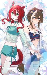  2girls absurdres anchor_hair_ornament animal_ears aqua_bikini bare_shoulders bikini blue_bikini blue_eyes blue_swim_trunks blush breasts brown_hair brown_tail cheval_grand_(summer_calm_navy_drop)_(umamusume) cheval_grand_(umamusume) collarbone ear_ornament friedpikachu green_eyes hair_between_eyes hair_ornament hairclip heart heart_necklace highres horse_ears horse_girl horse_tail jacket jewelry long_hair looking_at_viewer midriff multicolored_hair multiple_girls necklace official_alternate_costume official_alternate_hairstyle red_hair red_tail ship&#039;s_wheel_ornament small_breasts streaked_hair swimsuit tail umamusume white_jacket white_streaks win_variation_(principal_on_the_water_surface)_(umamusume) win_variation_(umamusume) 