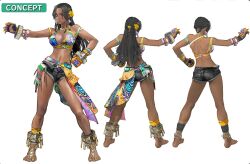  back barefoot black_hair bra breasts cleavage concept_art dark-skinned_female dark_skin female full_body highres long_hair looking_at_viewer miary_zo multicolored_bra multiple_views official_art red_eyes short_shorts shorts simple_background solo tekken tekken_8 underwear white_background yellow_nails 
