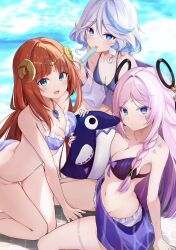  3girls alternate_costume bare_shoulders bikini blue_eyes blue_hair blush braid breasts citlali_(genshin_impact) cleavage closed_mouth facial_mark fake_horns food furina_(genshin_impact) genshin_impact green_eyes grey_hair hair_between_eyes highres holding holding_food holding_popsicle horns hyurasan long_hair looking_at_viewer medium_breasts multicolored_hair multiple_girls navel nilou_(genshin_impact) open_mouth pink_hair pink_pupils popsicle purple_bikini red_hair smile stomach streaked_hair swimsuit tongue tongue_out triangle triangle_facial_mark white_bikini 