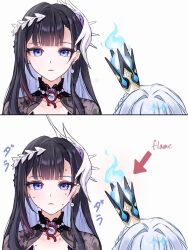 2girls arrow_(symbol) black_hair blue_eyes blue_fire blue_hair cerydra_(honkai:_star_rail) colored_inner_hair commentary crown earrings fire funafu hair_intakes hair_ornament highres honkai:_star_rail honkai_(series) hysilens_(honkai:_star_rail) jewelry long_hair looking_at_viewer mini_crown multicolored_hair multiple_girls portrait simple_background symbol-only_commentary translation_request white_background 