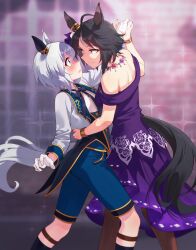  2girls absurdres ahoge animal_ears arm_around_waist arm_up back bare_shoulders blue_eyes blurry blurry_background blush brown_pantyhose closed_mouth dancing dress ear_covers ear_ornament eye_contact face-to-face feet_out_of_frame fingernails fuji_kiseki_(succes_etoile)_(umamusume) fuji_kiseki_(umamusume) gloves grey_hair hand_on_another&#039;s_back highres holding_hands horse_ears horse_girl horse_tail jacket jewelry leaning_back light_smile looking_at_another motsunabe_(mo2nap3) multicolored_hair multiple_girls nail_polish necklace off-shoulder_dress off_shoulder official_alternate_costume pantyhose parted_lips purple_dress red_nails seiun_sky_(soiree_de_chaton)_(umamusume) seiun_sky_(umamusume) short_hair shorts single_ear_cover tail tail_through_clothes two-tone_hair umamusume white_gloves 