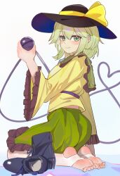  black_boots black_hat boots feet female frilled_sleeves frills green_eyes green_hair green_skirt hat hat_ribbon highres holding_eyeball kakuburi_marurin_arare komeiji_koishi long_sleeves pantyhose ribbon shirt shoes skirt soles solo stirrup_legwear third_eye toeless_legwear toes touhou unworn_boots unworn_shoes white_pantyhose wide_sleeves yellow_ribbon yellow_shirt 