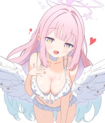  absurdres bikini blue_archive blunt_bangs blush breasts choker cleavage frilled_bikini frills halo hand_on_own_chest heart highres large_breasts leaning_forward long_hair looking_at_viewer low_wings masushi_masashi mika_(blue_archive) mika_(swimsuit)_(blue_archive) open_mouth pink_hair sidelocks swimsuit wet white_bikini white_choker white_wings wings yellow_eyes 