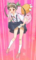 :d absurdres artist_name ass_visible_through_thighs backpack bag bandaid bandaid_on_knee bandaid_on_leg blouse blue_skirt blush bow bowtie bracelet brown_hair clothes_lift collared_shirt commentary dress_shirt female flat_chest full_body green_ribbons hachikuji_mayoi hair_ribbon hairband heart highres jewelry kikumaru_bunta leaning_forward lifting_own_clothes loafers long_hair looking_at_viewer looking_to_the_side magia_record:_mahou_shoujo_madoka_magica_gaiden mahou_shoujo_madoka_magica monogatari_(series) neck_ribbon oerba_yun_fang open_mouth oversized_backpack panties pantyshot pink_background pink_bag pink_shoes red_bow red_bowtie red_ribbon ribbon school_uniform shirt shoes short_sleeves signature skin_fang skirt skirt_lift smile socks solo standing star_(symbol) stuffed_animal stuffed_toy suspender_skirt suspenders teddy_bear thigh_gap translated twintails underwear vertical-striped_background white_hairband white_panties white_shirt white_socks 