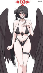  absurdres bikini black_bikini black_hair black_wings blue_archive blush breasts choker clenched_hand collarbone feathered_wings female gegegekman hair_between_eyes hair_bun halo hand_on_own_chest hasumi_(blue_archive) hasumi_(swimsuit)_(blue_archive) highleg highleg_bikini highres huge_breasts legband long_hair red_eyes red_halo signature single_side_bun smile solo stomach sweatdrop swimsuit white_background wings 
