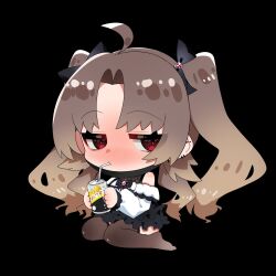  ahoge black_background black_bow black_bowtie black_mask black_skirt blush bow bowtie can chibi drinking_straw ear_piercing earrings female grey_hair hairbow heart highres hinokami_hikone holding holding_can indie_virtual_youtuber jewelry kneeling long_hair mask_down piercing red_eyes shirt skirt solo sui_hi_sf thighhighs twintails virtual_youtuber white_shirt 