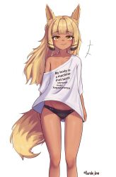  :3 absurdres animal_ears black_hair black_panties blonde_hair dark-skinned_female dark_skin female flat_chest highres inanna_(vtuber) indie_virtual_youtuber jackal_ears jackal_girl jackal_tail kurohi_drw long_hair looking_at_viewer meme multicolored_hair my_body_is_a_machine_(meme) no_pants off_shoulder panties petite shirt short_sleeves simple_background smile smug twitter_username two-tone_hair underwear virtual_youtuber white_background white_shirt yellow_eyes 