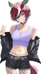  absurdres animal_ears bag_of_chips bare_shoulders black_jacket blurry blurry_foreground breasts brown_hair cleavage collarbone commentary cowboy_shot crop_top ear_ornament female fishnet_pantyhose fishnets hair_over_one_eye highres horse_ears horse_girl horse_tail jacket jacket_partially_removed kirameki_(rikukaikuu) looking_at_viewer midriff multicolored_hair navel official_alternate_costume orange_eyes pantyhose pendant_choker purple_tank_top short_hair short_shorts shorts simple_background solo streaked_hair tail tanino_gimlet_(umamusume) tank_top two-tone_hair umamusume white_background white_hair 