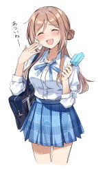  absurdres bag blue_ribbon blue_skirt blush breasts brown_hair closed_eyes female food gakuen_idolmaster hachiroku_(hatirokusann86) hair_bun highres himesaki_rinami holding holding_food holding_popsicle idolmaster large_breasts long_hair long_sleeves looking_at_viewer melting_popsicle neck_ribbon open_mouth pleated_skirt popsicle ribbon school_uniform shirt shoulder_bag side_up_bun simple_background single_side_bun skirt smile solo sweat sweatdrop white_background white_shirt 