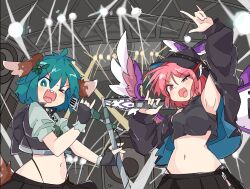  2girls animal_ears armpits black_gloves black_hat black_jacket black_panties black_shirt black_skirt black_vest blue_jacket breasts brown_thighhighs choujuu_gigaku concert crop_top dog_ears dog_tail electric_guitar fingerless_gloves gibson_flying_v gloves green_eyes green_hair green_shirt guitar hair_ornament hat highres holding holding_microphone instrument jacket kasodani_kyouko long_sleeves microphone midriff mob_cap multiple_girls music mystia_lorelei navel one_eye_closed open_clothes open_jacket open_mouth panties pink_eyes pink_hair pink_wings puffy_short_sleeves puffy_sleeves sharp_teeth shirt short_hair short_sleeves singing skirt skull_hair_ornament sleeveless sleeveless_shirt small_breasts stomach tail tatutaniyuuto teeth thighhighs tongue tongue_out touhou turtleneck underwear upper_body v-shaped_eyebrows vest winged_hat wings zipper_pull_tab 