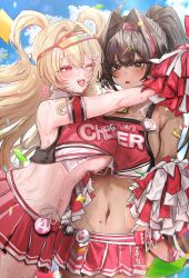  2girls absurdres bay_(nikke) black_hair blonde_hair blue_sky blush breasts cheerleader clay_(nikke) crop_top dark-skinned_female dark_skin emu_(emuemuart) goddess_of_victory:_nikke hair_intakes highres holding holding_pom_poms large_breasts long_hair looking_at_viewer midriff mole mole_on_breast mole_on_stomach mole_under_mouth multicolored_hair multiple_girls navel open_mouth outdoors pleated_skirt pom_pom_(cheerleading) ponytail red_eyes red_hair red_skirt rewind_(nikke) skirt sky smile streaked_hair sweat sweatdrop two-tone_tank_top underboob visor_cap wet 