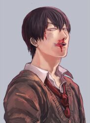  1boy arakita_yasutomo black_hair blood blood_from_forehead brown_cardigan bruise bruise_on_face cardigan collared_shirt grey_background hair_between_eyes injury licking_blood licking_lips looking_down loose_necktie male_focus necktie nosebleed open_mouth partially_unbuttoned red_necktie school_uniform shirt short_hair simple_background small_pupils solo takako_(katakoto) tongue tongue_out upper_body v-shaped_eyebrows yowamushi_pedal 