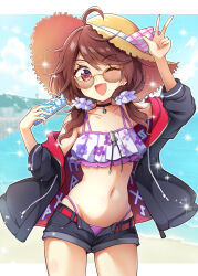  ;d arm_up beach belt bikini bikini_under_shorts black_choker black_jacket blue_sky brown_eyes brown_hair brown_hat cellphone choker cloud collarbone commentary_request cowboy_shot day drawstring female hat highres holding holding_phone jacket keyaki_chimaki long_hair long_sleeves looking_at_viewer navel ocean one_eye_closed outdoors phone purple_bikini red_belt sky smartphone smile solo straw_hat sun_hat swimsuit touhou usami_sumireko w 