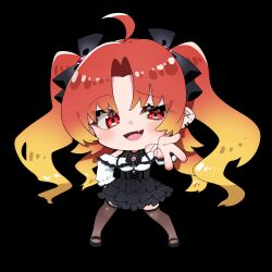  ahoge black_background black_bow black_bowtie black_shoes black_skirt blonde_hair blush bow bowtie chibi clothing_cutout earrings female gradient_hair hairbow high-waist_skirt highres hinokami_hikone indie_virtual_youtuber jewelry long_sleeves multicolored_hair oerba_yun_fang open_mouth red_brooch red_eyes red_hair second-party_source shirt shoes shoulder_cutout skirt smile solo sui_hi_sf thighhighs v virtual_youtuber white_shirt 