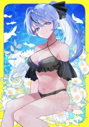  banbanjiiiiiii bikini black_bikini black_ribbon blue_bikini blue_eyes blue_hair blush breasts cleavage closed_mouth commission female frilled_bikini frills hair_ribbon highres layered_bikini long_hair looking_at_viewer medium_breasts navel original ponytail ribbon skeb_commission solo swimsuit thighs twitter_username watermark 
