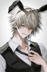  1boy animal_ear_hairband animal_ears black_hairband black_necktie black_vest caelus_(honkai:_star_rail) collared_shirt commentary fake_animal_ears grey_hair hair_between_eyes hairband hand_up highres honkai:_star_rail honkai_(series) jewelry looking_at_viewer male_focus necktie nyamnyam_(ny_am_030) parted_lips rabbit_ear_hairband rabbit_ears ring shirt short_hair simple_background solo symbol-only_commentary trailblazer_(honkai:_star_rail) twitter_username upper_body vest watermark white_background white_shirt yellow_eyes 