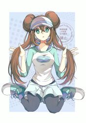  alternate_color black_pantyhose blue_eyes blue_shorts breasts brown_hair commentary_request donut_hair_bun double_bun female hair_bun hat highres large_breasts long_hair looking_at_viewer open_mouth pantyhose pantyhose_under_shorts parted_lips poke_ball_print pokemon pokemon_bw2 raglan_sleeves rosa_(pokemon) shirt shorts solo twintails visor_cap watermark yomogi_(black-elf) 