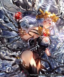  air_bubble antlers black_dress black_gloves black_thighhighs breasts bubble closed_mouth dress ekm female food fruit gloves hair_between_eyes high_heels highres holding holding_food holding_fruit horns kamigami_battles large_breasts long_hair looking_at_viewer official_art parted_lips pomegranate red_eyes solo thighhighs third_eye_on_chest very_long_hair white_hair yhoundeh_(kamigami_battles) 