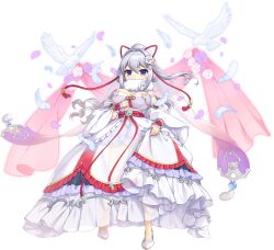  artist_request bird breasts covered_mouth dove dress falling_feathers falling_petals feathers female flower full_body game_cg hair_between_eyes hair_flower hair_ornament highres legend_clover long_hair lu_bu_(legend_clover) official_alternate_costume official_art petals purple_eyes see-through_clothes solo third-party_source transparent_background wedding_dress 