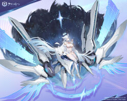  armored_boots azur_lane bois_belleau_(azur_lane) boots breasts detached_sleeves dress female flight_deck frilled_dress frills highres large_breasts logo long_hair looking_at_viewer official_art rigging see-through_clothes see-through_midriff sitting solo thighhighs very_long_hair white_boots white_dress white_hair white_thighhighs 