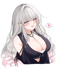  absurdres black_jacket breasts cleavage clothing_cutout female grey_hair heart highres jacket jewelry long_hair looking_at_viewer midriff navel necklace original pink_eyes sana_(sanamaru_0w0) shirt shoulder_cutout signature solo spiked_ear_piercing upper_body white_background white_shirt 