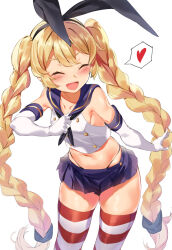  black_panties blonde_hair blue_sailor_collar blue_skirt braid closed_eyes commentary_request cosplay cowboy_shot crop_top elbow_gloves female girls&#039;_frontline gloves hairband heart highleg highleg_panties kantai_collection long_hair miniskirt navel open_mouth panties pooor sailor_collar shimakaze_(kancolle) shimakaze_(kancolle)_(cosplay) simple_background skirt smile solo spoken_heart sr-3mp_(girls&#039;_frontline) standing striped_clothes striped_thighhighs thighhighs twin_braids underwear very_long_hair white_background white_gloves white_hairband 