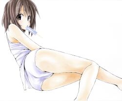  =_= ass black_eyes black_hair commentary feet_out_of_frame female food food_in_mouth from_behind highres hirasawa_yui k-on! looking_at_viewer looking_back lying medium_hair on_side panties popsicle popsicle_in_mouth shiki_59 shirt simple_background sleeveless sleeveless_shirt solo thighs underwear white_background white_panties white_shirt 
