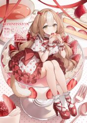  abandon_ranka blush bow brown_hair cake commission cup dress female food fork frilled_dress frills hairbow hands_up highres long_hair looking_at_viewer low_twintails multicolored_hair original parted_lips red_bow red_ribbon ribbon sitting skeb_commission solo spoon strawberry_shortcake streaked_hair twintails two-tone_hair watermark white_dress white_hair yellow_eyes 