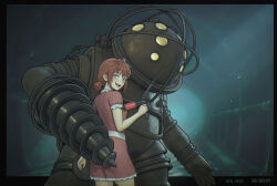  :d absurdres big_daddy_(bioshock) bioshock_(series) black_border blue_eyes border breasts crossover diving_suit dress drill drill_hand everlasting_summer female frilled_dress frills hair_between_eyes highres holding leonzo open_mouth outside_border red_dress red_hair short_sleeves smile standing teeth thighs tongue twintails upper_teeth_only ussr-tan 
