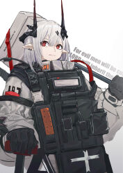  absurdres arknights black_gloves female gloves grey_hair hammer highres holding holding_hammer holding_weapon horns long_sleeves mudrock_(arknights) pointy_ears red_eyes solo upper_body weapon white_background xiu_kukkii 