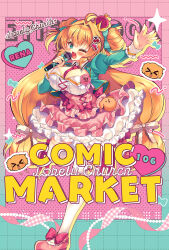  ;d ahoge arm_up between_breasts blonde_hair blue_bow blue_jacket blush bow breasts comiket_106 commentary_request cropped_jacket crown double_bun female frilled_skirt frills green_eyes hair_bun hair_intakes hairbow highres holding holding_microphone jacket juliet_sleeves large_breasts long_hair long_sleeves looking_at_viewer microphone mini_crown necktie necktie_between_breasts oerba_yun_fang one_eye_closed original pink_shoes pink_skirt polka_dot polka_dot_skirt puffy_sleeves red_bow red_necktie shirt shoes skirt smile solo standing standing_on_one_leg suzunone_rena thighhighs tilted_headwear very_long_hair white_bow white_shirt white_thighhighs 